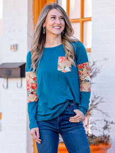 Made for You Tee with Floral Inset & Pocket, Teal