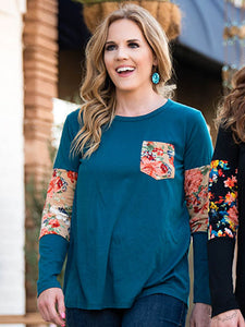 Made for You Tee with Floral Inset & Pocket, Teal