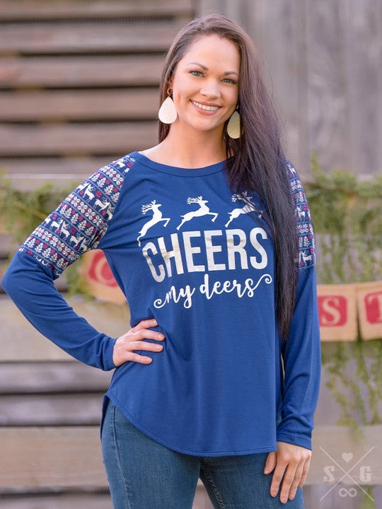 Cheers My Deers on Navy Blue Longsleeve with Christmas Print Inset