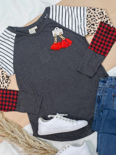 Charcoal Tri Long Sleeve with Stripes, Leo & Buffalo Plaid