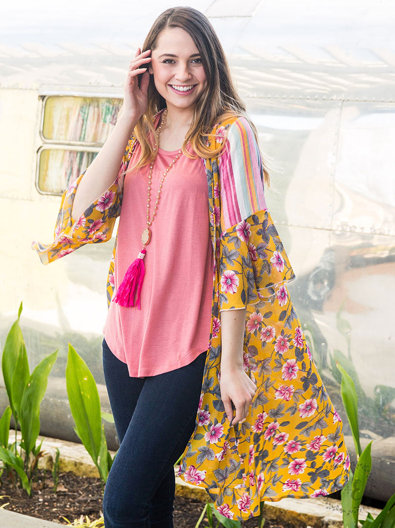 Toast of the Town Mustard Floral Kimono with Stripe Detail