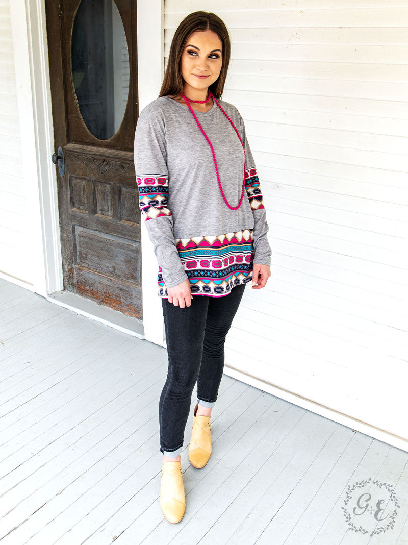 Crisp Days Top with Bright Aztec Accents