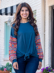 Into the Wild Top with Aztec Print Sleeve & Front Knot