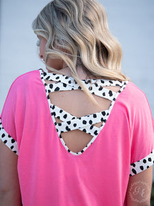 Standout Style Neon Pink Top with Dalmatian Print Accents & Back Detail