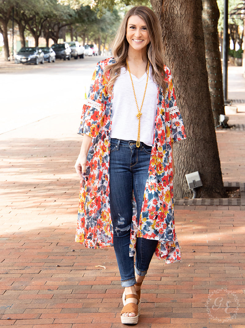 Once & Floral Kimono with Lace Detail