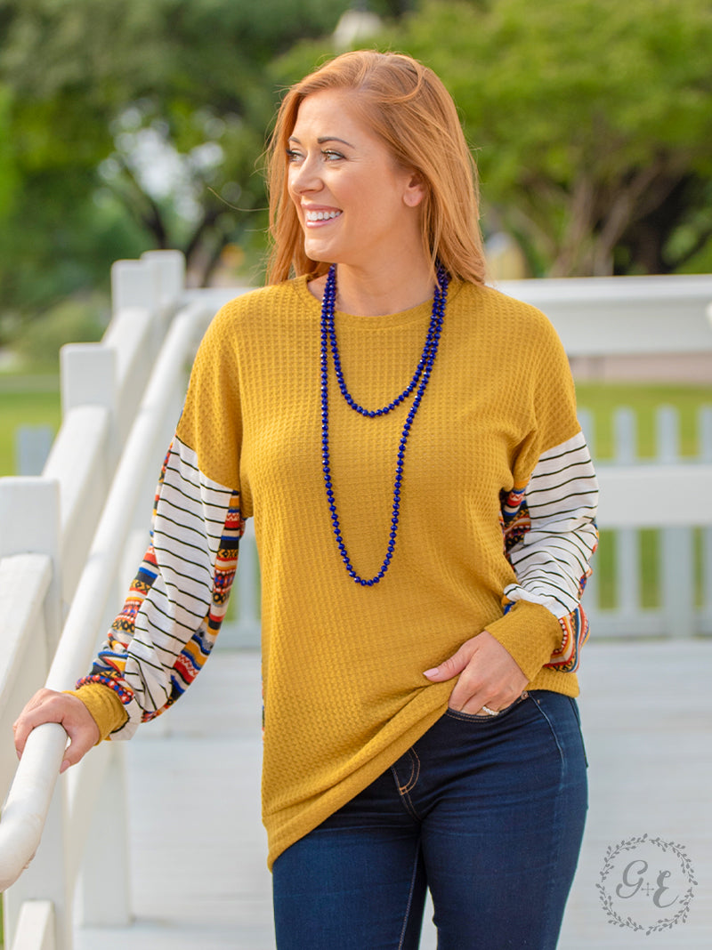 Back Me Up Waffle Knit Top, Mustard & Aztec