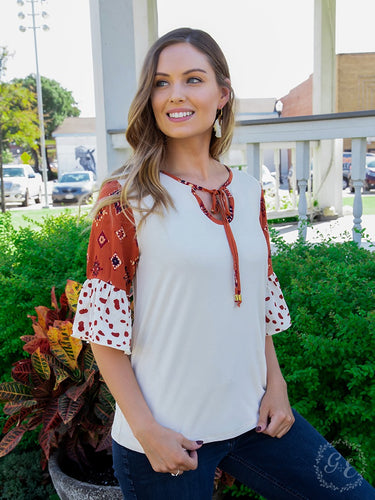 Desert City Blouse, with Rust Aztec Ruffle Sleeve