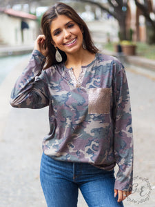 Welcome to the Jungle Sequins Knotch Long Sleeve with Pocket, Camouflage