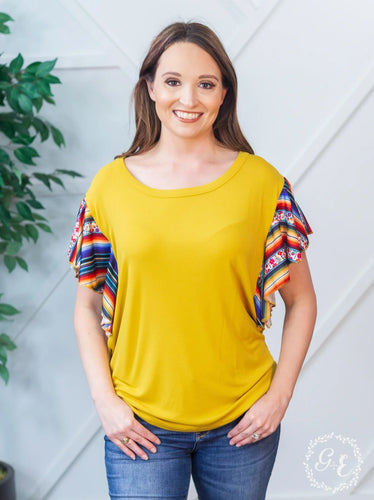 Serape Sunrise Mustard Ruffle Top