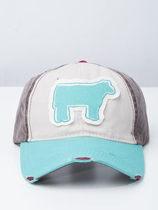Sparkle Turquoise Steer Patch on Tri-Color Turquoise, Beige, and Brown Distressed Hat