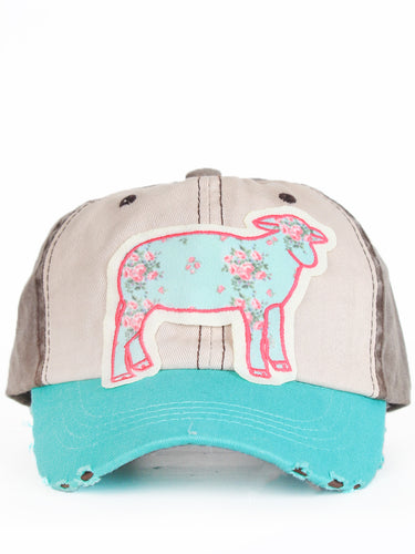 Light Blue Floral Sheep Patch on Tri-Color Turquoise, Beige, and Brown Distressed Hat