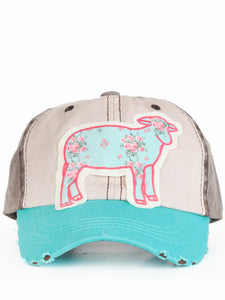 Light Blue Floral Sheep Patch on Tri-Color Turquoise, Beige, and Brown Distressed Hat