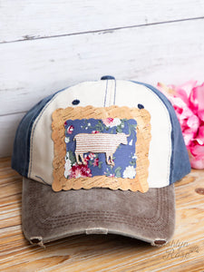 Striped Glitter Steer with Floral and Cork Patch on Brown, Beige and Navy Distressed Hat