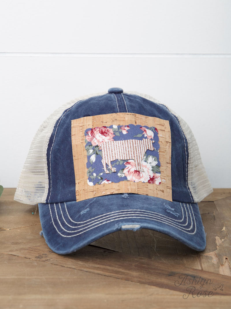 Glitter Steer on Floral and Cork Patch on Navy Distressed Hat with Tan Mesh