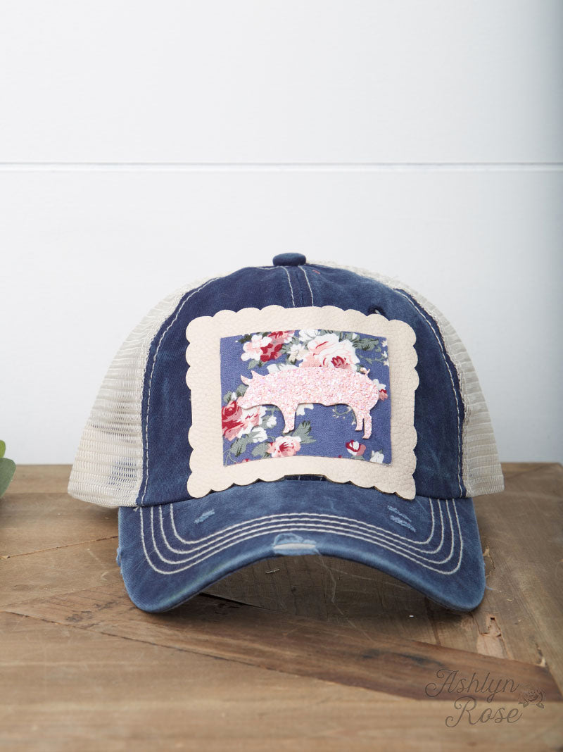 Pink Glitter Pig on Floral Scalloped Patch on Navy Distressed Hat with Tan Mesh
