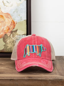 Serape Piggy Patch, Turquoise on Coral Distressed Cap with Tan Mesh