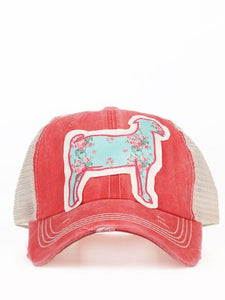Light Blue Floral Goat Patch on Coral Distressed Hat with Tan Mesh