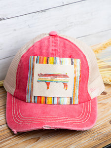 Serape Pig on Serape Patch on Coral Distressed Hat with Tan Mesh