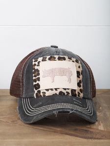 Striped Glitter Pig on Leopard Patch on Black Distressed Hat with Brown Mesh