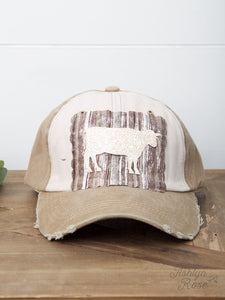 Cream Glitter Cow on Serape Patch on Distressed Tan & Cream Solid Hat