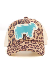 Sparkly Turquoise Show Steer Patch on Leopard & Tan Hat