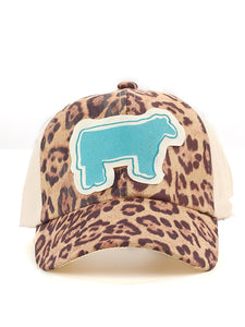 Sparkly Turquoise Show Steer Patch on Leopard & Tan Hat