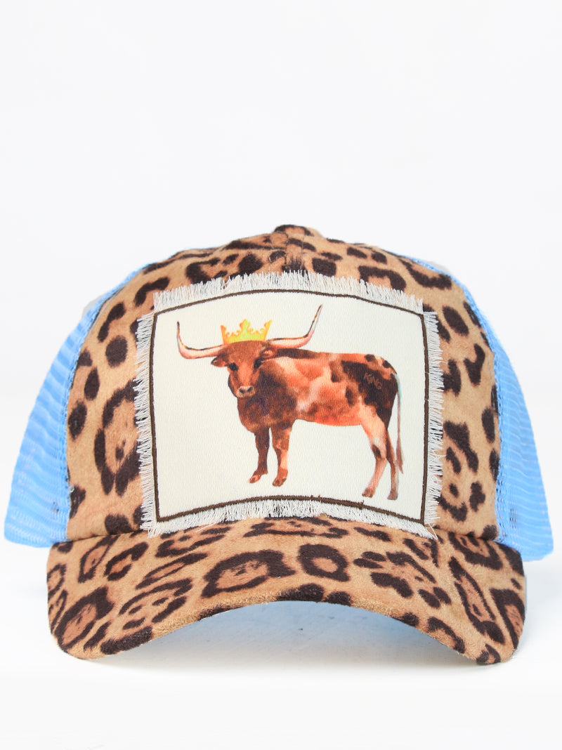 Girls' Royal Steer Patch on Leopard Hat with Powder Blue Mesh