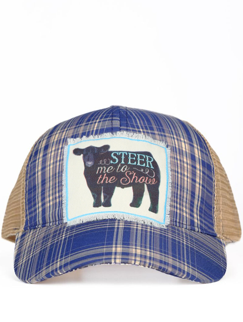 Steer Me to the Show Patch on Blue Plaid Hat with Tan Mesh