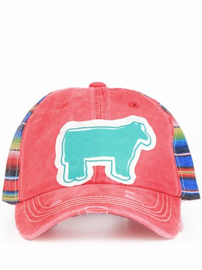 Sparkle Turquoise Show Steer Patch, Turquoise on Bright Red and Serape Hat