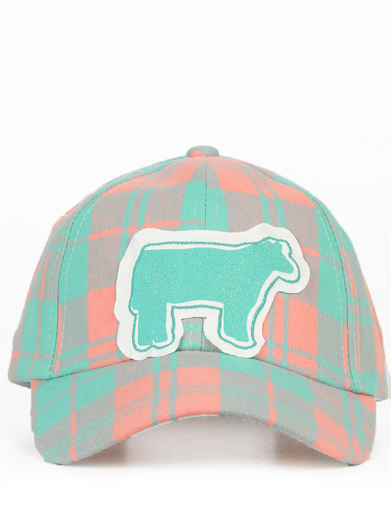 Sparkle Turquoise Show Steer Patch on Turquoise & Peach Plaid Hat