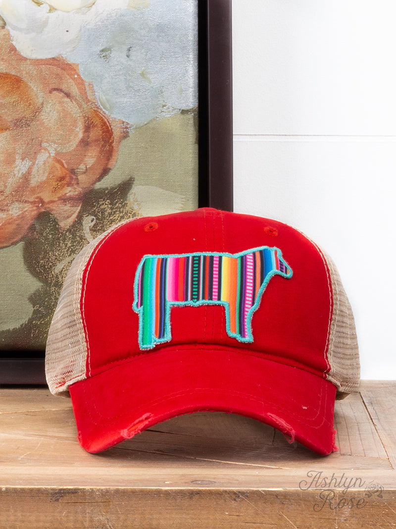 Serape Steer Patch, Turquoise on Red High Ponytail Hat with Beige Mesh