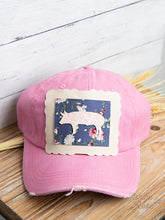 Pink Glitter Pig On Floral and Scalloped Patch on Distressed Light Pink Hat