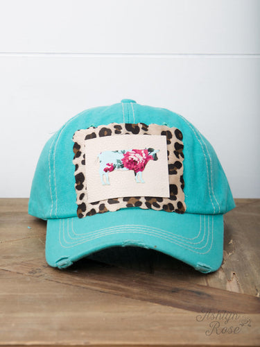 Floral Steer on Leopard Patch on Turquoise Hat