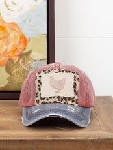 Striped Glitter Chicken on Scalloped Leopard Patch on Distressed Maroon Hat with Faded Navy Bill