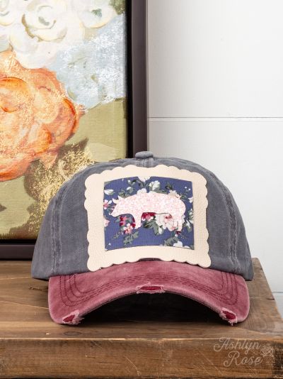 Pink Glitter Pig On Floral and Scalloped Patch on Distressed Gray Hat with Faded Maroon Bill