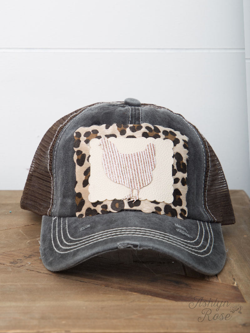 Striped Glitter Chicken on Scalloped Leopard Patch on Black Distressed Hat with Brown Mesh