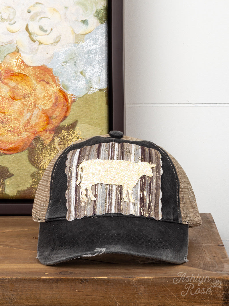 Cream Glitter Cow on Serape Patch on Charcoal High Ponytail Hat with Stripe Under-Bill & Beige Mesh