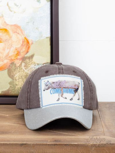'Til the Cows Come Home Patch on Brown Hat with Silver Glitter Bill