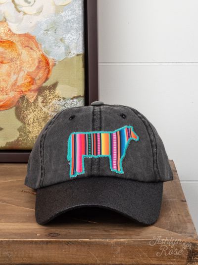 Embroidered Turquoise Serape Steer Patch on Black Glitter Bill Hat