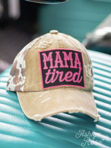 Mama Tired Patch on Distressed Light Brown and Brown Cow High Ponytail Hat