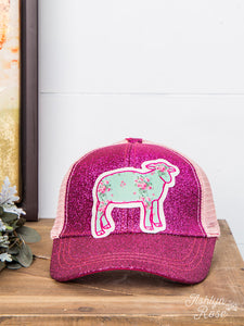 Light Blue Floral Sheep Patch on Hot Pink Glitter High-Ponytail Hat