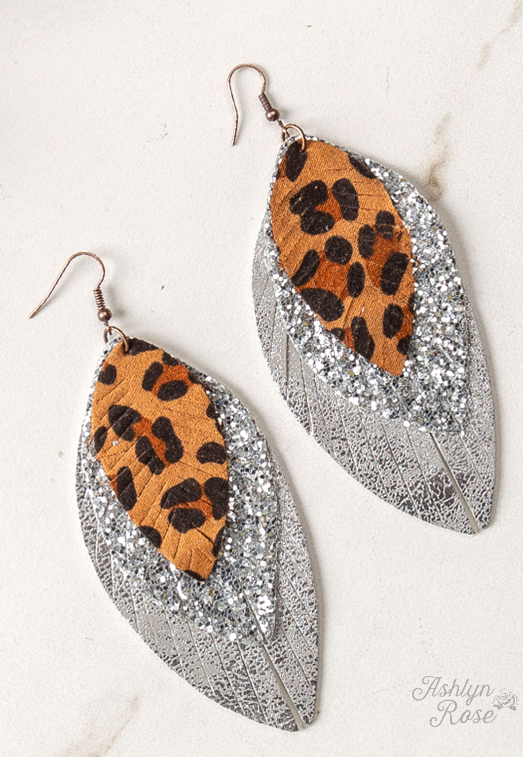 Saturday Night Sparkle 3-Tiered Fringed Leopard Leaf Earrings, Silver Glitter