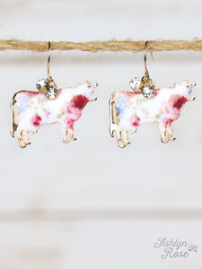 Rose Detailed Cow Earrings, Gold