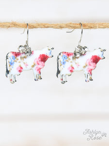 Rose Detailed Cow Earrings, Silver