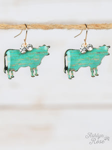 Turquoise Brushed Cow Earrings, Gold