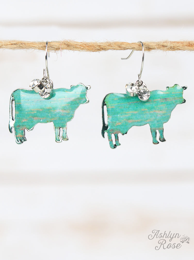 Turquoise Brushed Cow Earrings, Silver