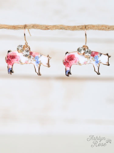 Rose Detailed Pig Earrings, Gold