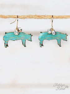 Turquoise Brushed Pig Earrings, Gold