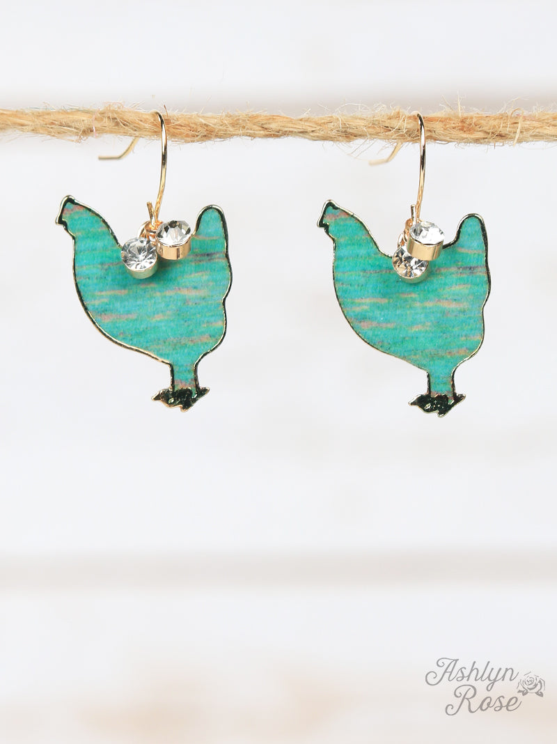 Turquoise Brushed Hen Earrings, Gold