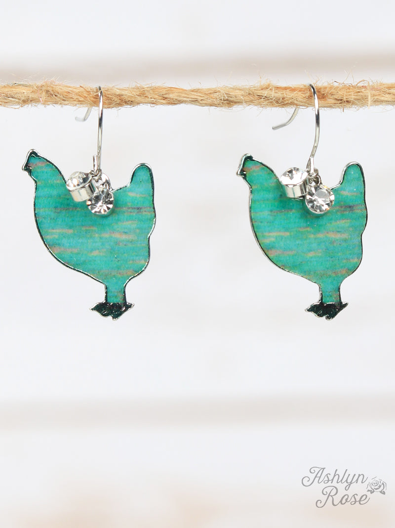 Turquoise Brushed Hen Earrings, Silver